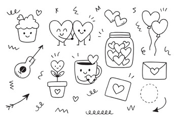 Set of hand drawn doodle love elements for wedding, Valentine's Day card, sticker, stamp design. Hand drawn sketch style wiyt thin line.