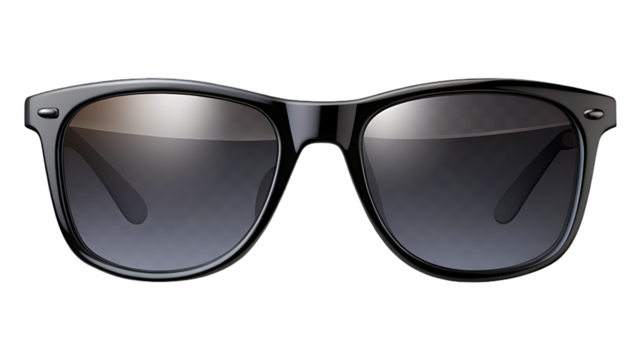 Black Wayfarer style sunglasses with gradient lenses and reflective surfaces isolated on a transparent background