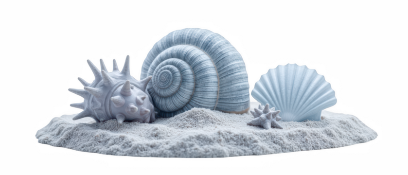 Collection of seashells on sandy beach, featuring spiral shell, spiky shell, and scallop shell, evoking serene coastal vibe