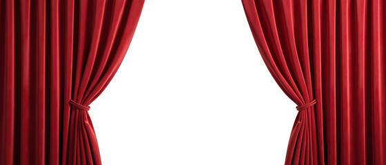 Luxurious red curtains draped elegantly, creating dramatic entrance. Perfect for theater, stage, or event decor, adding touch of sophistication