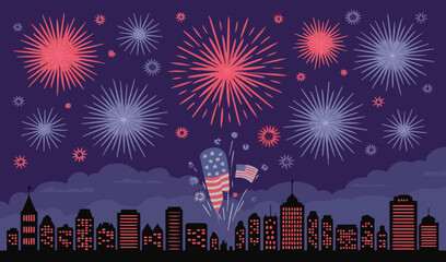 4th july Cityscape Fireworks Display: Vibrant Night Sky Celebration for Patriotic Holidays

