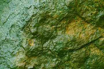 Green moss on the rock. Green stone with ripples on the surface. Defocus blurred transparent green...