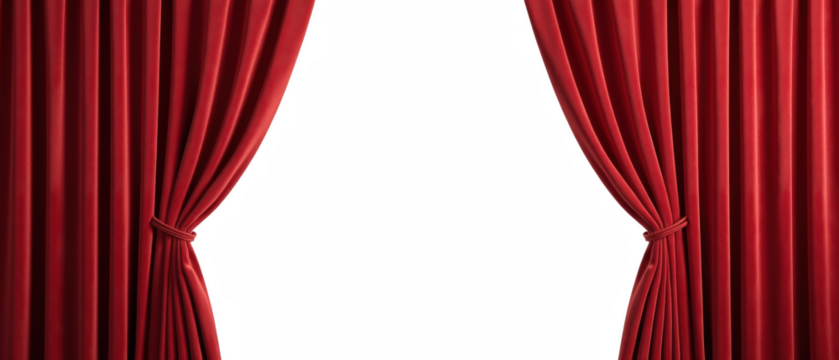 Luxurious red curtains draped elegantly, creating dramatic entrance. Perfect for theater, stage, or event decor, adding touch of sophistication