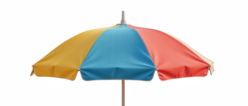 Colorful beach umbrella with vibrant yellow, blue, and red panels, perfect for summer days at beach or poolside relaxation