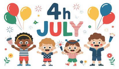  Diverse children celebrating 4th of July with flags, balloons, and festive decorations.