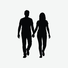 A clean, abstract silhouette of a man and woman walking side-by-side hand-in-hand. Minimalist vector on white background, symbolizing love, unity, and connection.