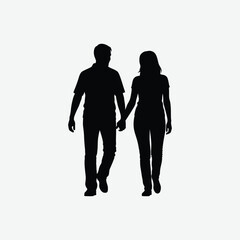 A clean, abstract silhouette of a man and woman walking side-by-side hand-in-hand. Minimalist vector on white background, symbolizing love, unity, and connection.