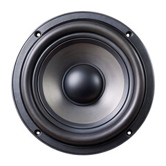 Black woofer speaker cone with silver surround and black dust cap isolated on a transparent background