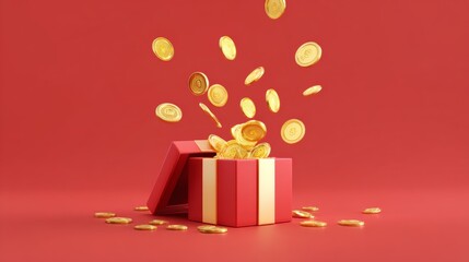 3D open gift box surprise with gold coins. loyalty program and get rewards, Money prize reward. Casino or Online game winner. 3d rendering. Vector illustration