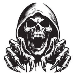 Scary skull with sharp fangs wearing hoodie with open mouth and hands with sharp claws about to grab, vector image.