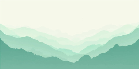 Minimal abstract landscape of foggy green hills with pastel tones and eco-friendly design style