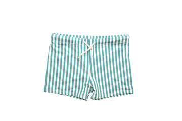 Striped swim shorts in teal and white, featuring a drawstring waist, ideal for beachwear, summer...