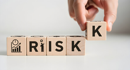 Hand placing wooden block with k to complete the word risk on a white surface on transparent background
