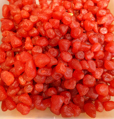 A Close up picture of Dried Strawberry fruit known for its health benefits, anti oxidants, hearth health, snack, etc.