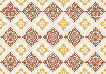 Vintage floral seamless pattern with traditional Thai-inspired motifs in warm brown and gold tones. Ideal for textiles, wallpapers, backgrounds, and cultural design projects