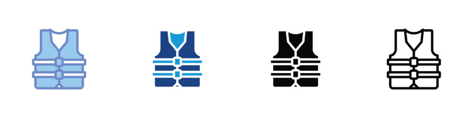 Life Jacket Icon Set – Safety Vest Symbol in Color, Glyph, Flat, and Outline Style