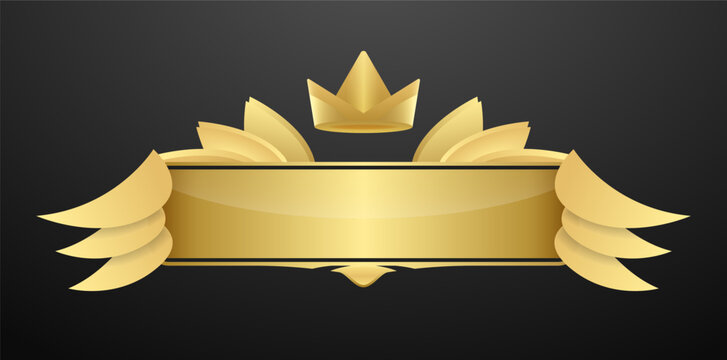 Golden banner with crown and wings isolated on black background