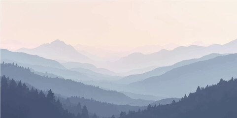 Obraz premium Mountain panorama with morning mist and soft fog covering the peaceful valley and forest peaks