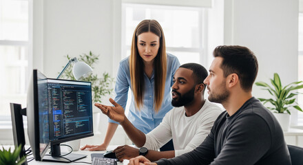 Three colleagues collaborate, reviewing code on a computer screen, showcasing teamwork and software development