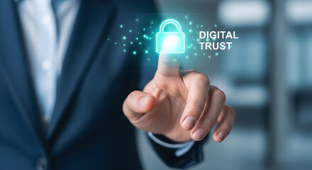 A person touching a digital lock with digital trust text in a suit jacket arm on transparent background