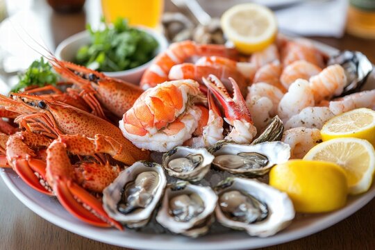 Fresh shellfish platter with lemon and oysters