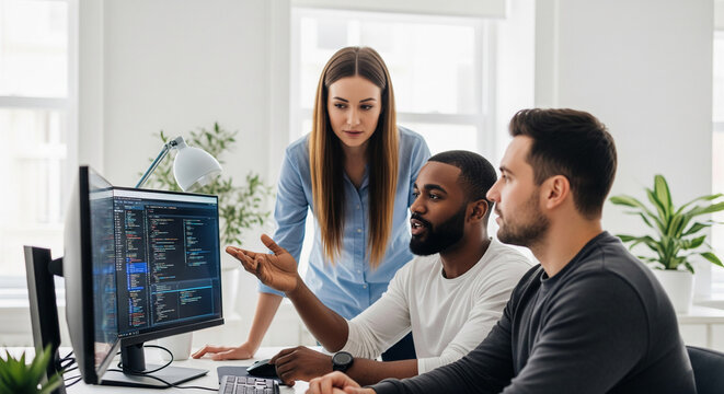 Three colleagues collaborate, reviewing code on a computer screen, showcasing teamwork and software development