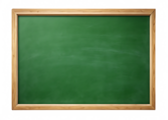 Blank horizontal green school chalkboard with wooden frame and scattered colorful pixels isolated on a transparent background