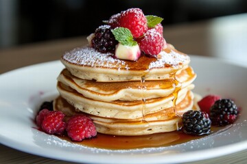 Stacked pancakes topped with berries and maple syrup