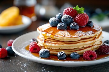 Pancake breakfast with fresh fruit and syrup