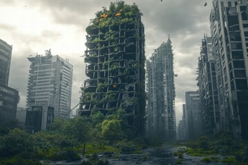 Obraz premium Abandoned city covered in vegetation and trees