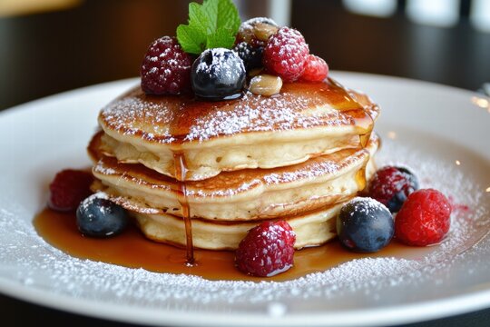 Golden pancakes served with mixed berries