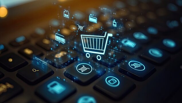 Shopping cart icon glows over computer keyboard - Powered by Adobe