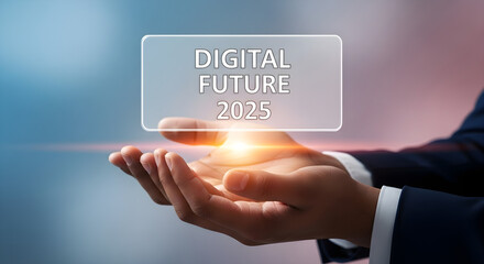 Person holding a digital future 2025 sign with light in their cupped hands on transparent background