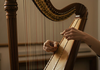 Hands playing harp close up
