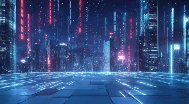 Futuristic city platform bathed in digital light