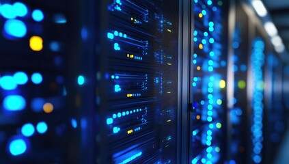 Rows of illuminated server racks