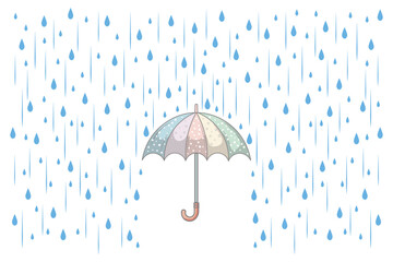 Vector cartoon umbrella with rain drops falling gently, pastel color scheme for weather-themed kids illustrations, nursery prints, and baby room art

