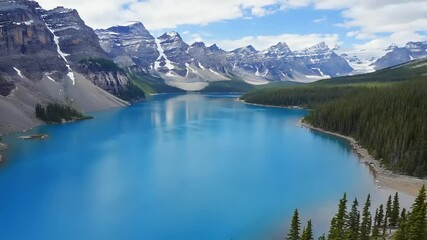 Majestic alpine lake nestled amidst snow-capped mountains. Lush forests line the shoreline - Powered by Adobe