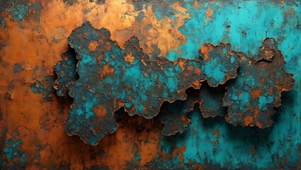 Photo of abstract painting with copper and turquoise textures and patterns