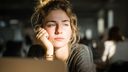 Young white woman with light brown wavy hair wearing dark gray sweater sitting at desk in office interior with soft daylight, resting face on hand, looking at computer