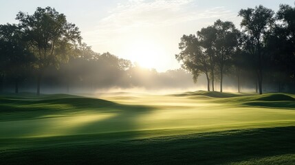 A serene golf course at sunrise with mist rising over lush green fairways surrounded by trees.