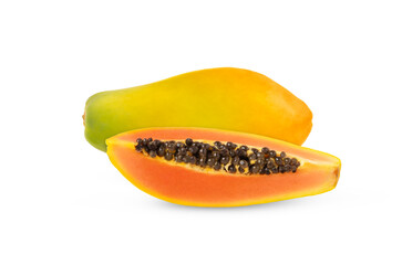 One fresh ripe papaya fruit and a slice with seeds isolated.