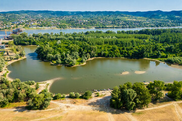 Novi Sad, Serbia - June 27, 2025: Aerial view of Danube island (Šodroš) near Novi Sad, Serbia.