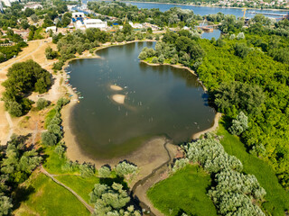 Novi Sad, Serbia - June 27, 2025: Aerial view of Danube island (Šodroš) near Novi Sad, Serbia.