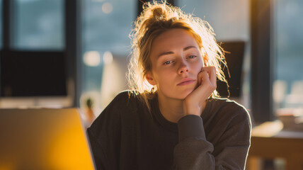 Young white woman with tied back blonde hair in dark sweater sitting in bright office, hand resting on cheek, looking at laptop, warm sunlight in background