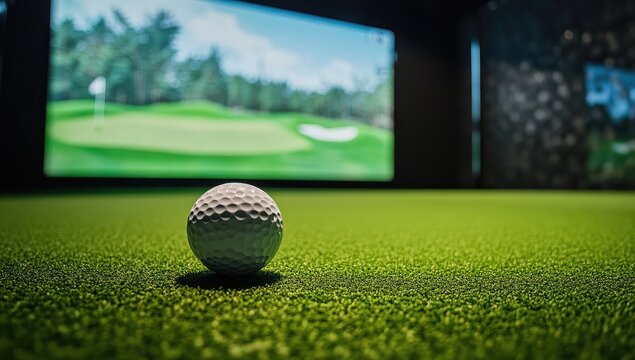 Golf ball on artificial turf, simulated golf course backdrop