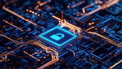 Circuit board with glowing lock icon