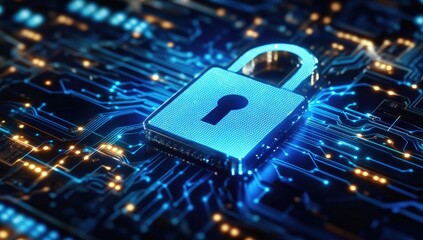 Metal padlock on a circuit board.  Security on tech