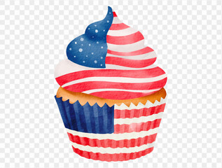 Watercolor cupcake decorated with American flag pattern vector, ideal for July 4th and patriotic food designs