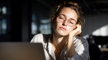 Young white woman with tied back hair wearing eyeglasses and white blouse sitting in dark modern office with sunlight, hand on face, looking at laptop screen